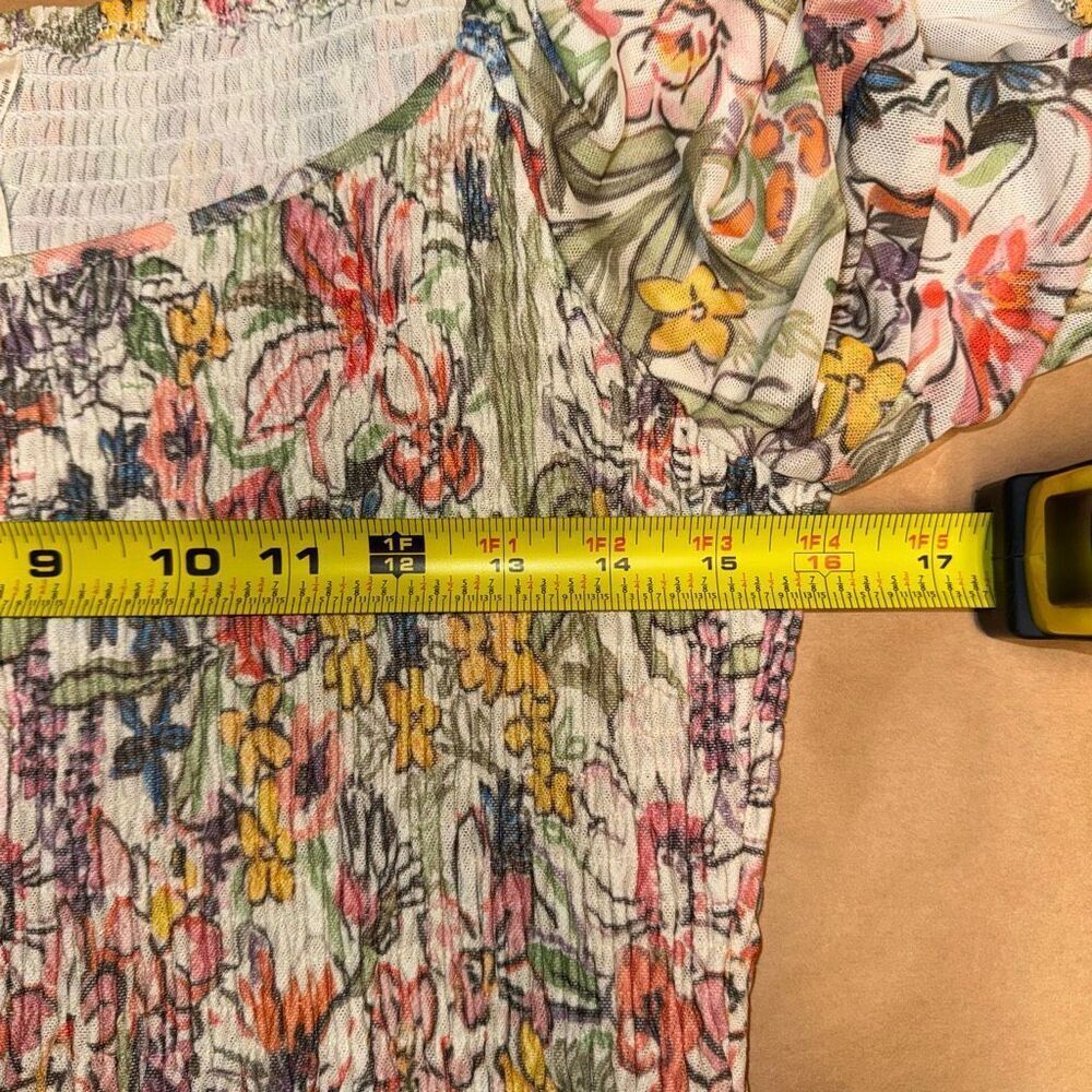 Anthropologie Smocked Floral Puff Sleeve Top Multicolor Size L Stretchy Summer B - Picture 12 of 13
